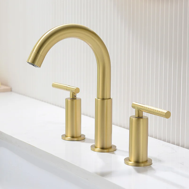3 Holes bathroom Sink Faucet Brushed Gold Double Handles Bathroom Basin ...