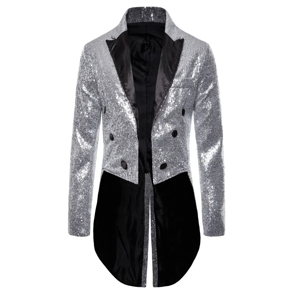 Shiny Gold Sequins Glitter Tailcoat Suit Jacket Male Double Breasted Wedding Groom Tuxedo Blazer Men Party Stage Prom Costume 3