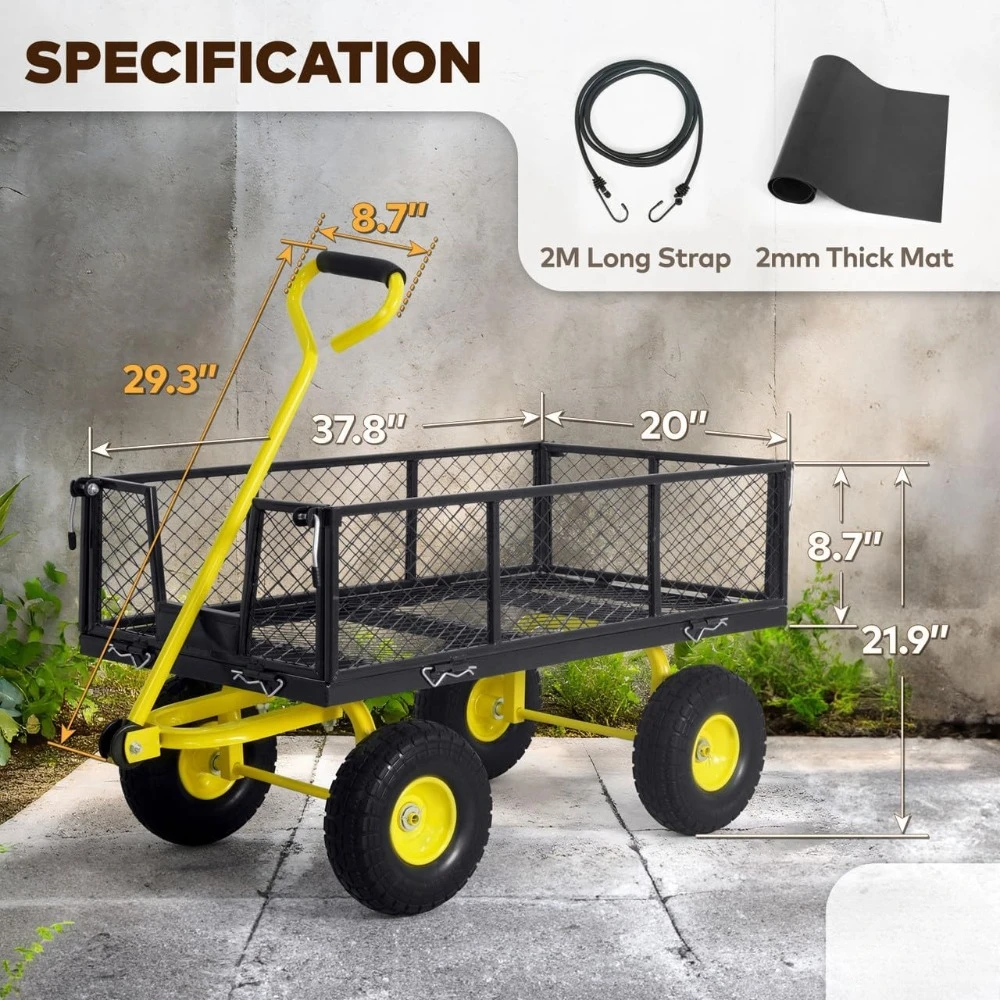 Metal Black Garden Cart, w/ 180&deg; Adjustable Yellow Handle, w/Mat and Strap, Heavy Duty 880 lbs Capacity, w/ 10&rdquo; Flat-Free Tires