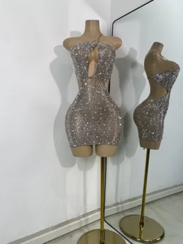 Sparkly Silver Rhinestones Mini Dress Luxury Women Sexy Mesh Hollow Out Celebrity Birthday Cocktail Dresses Performance Wear 1