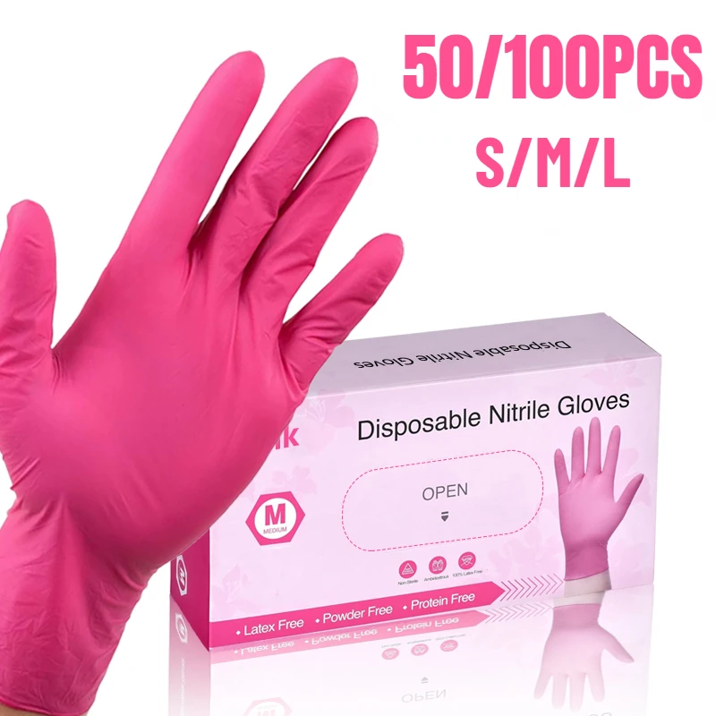 50/100PCS Disposable Pink Nitrile Gloves for Hairdressing Manicure Washing Cars Waterproof Dishwashing Kitchen Tools Latex Free disposable gloves,dishwashing gloves,nitrile gloves,protective gloves,cleaning gloves