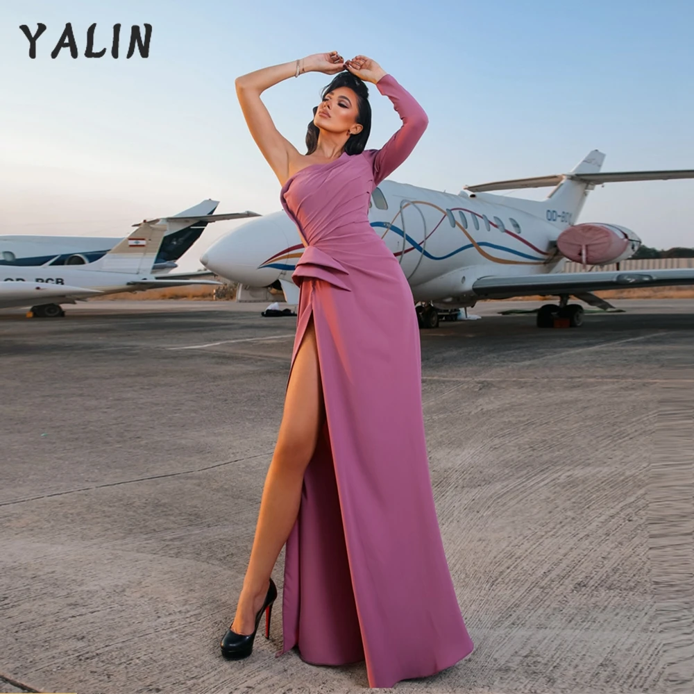 

YALIN 2022 One Shoulder Mermaid High Split Evening Dresses Long Sleeves African Plus Size Pageant Gown Robe De Soiree Femme