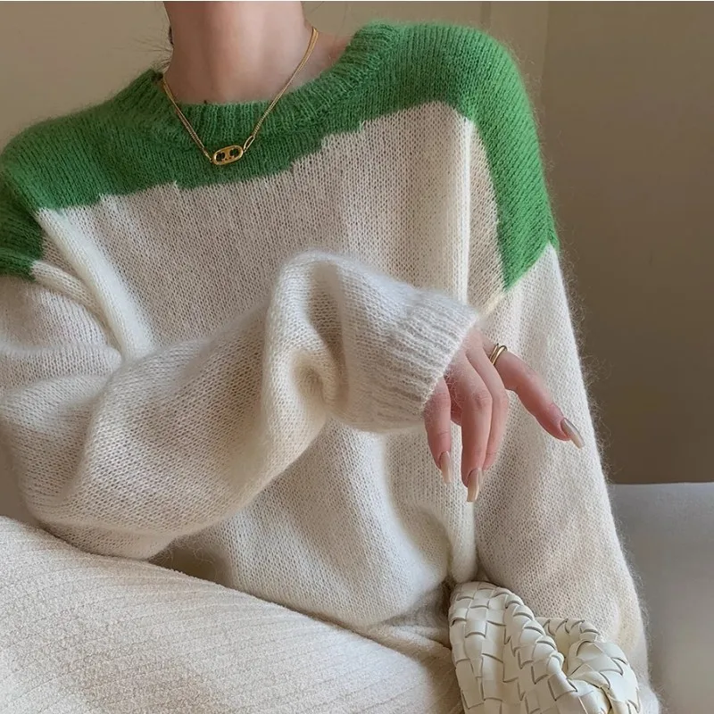 

Contrast Knitted Sweater Women'S Autumn And Winter New Loose Casual Versatile Long Sleeve Short Top