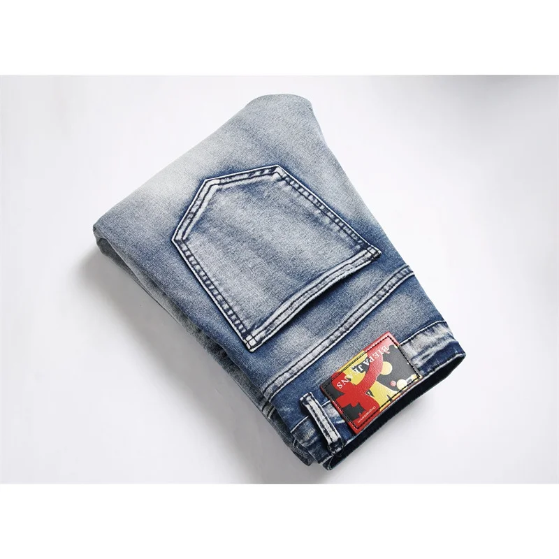 High street fashionable vintage print jeans men's slim fit skinny personality punk style nostalgic handsome motorcycle trousers
