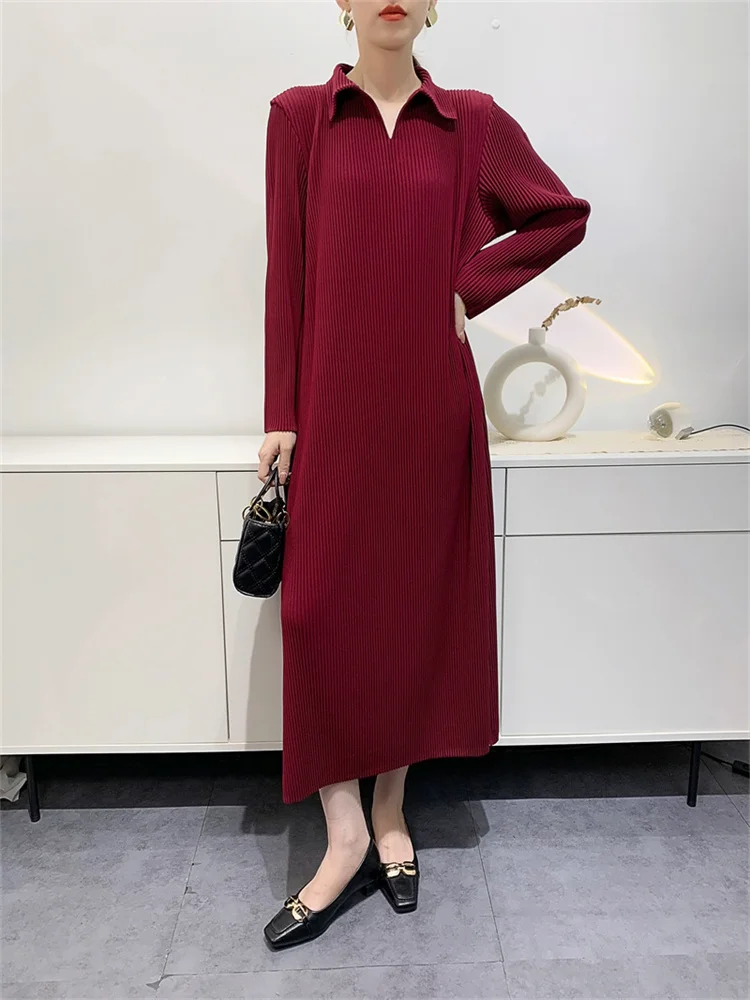 

Miyake Large Toothpick Pleated Dress Women's 2024 Spring Autumn Thickened Fashionable Casual Long-sleeved POLO Collar Long Skirt