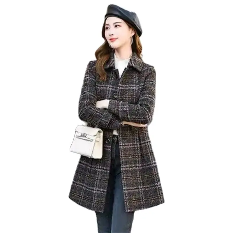 

New 2022 Women's Woolen Coat Fashion Mid Length Slim Single Breasted Plaid Woolen Outerwear Spring Autumn Winter Jacke Female