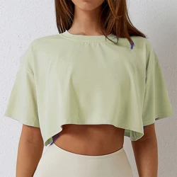 Cotton Women's Short Sleeve Athletic Crop Top - Navel - Baring Yoga & Fitness T - Shirt - M (Light Yellow)