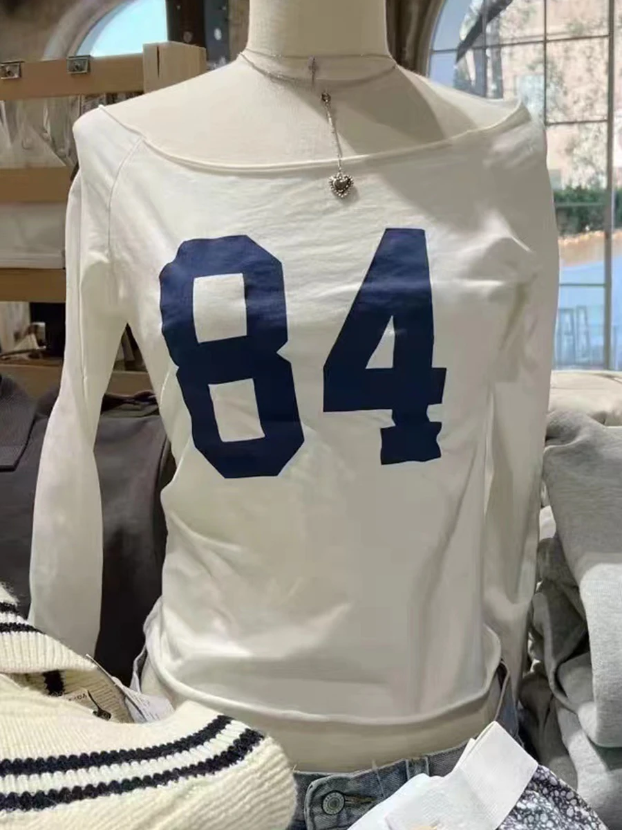 

Fashion 84 Print Slim Long Sleeve Tees Women 2024 Simple Casual Raw Hem Slash Neck Tops Female Vintage Chic Sweet T-shirts Y2K