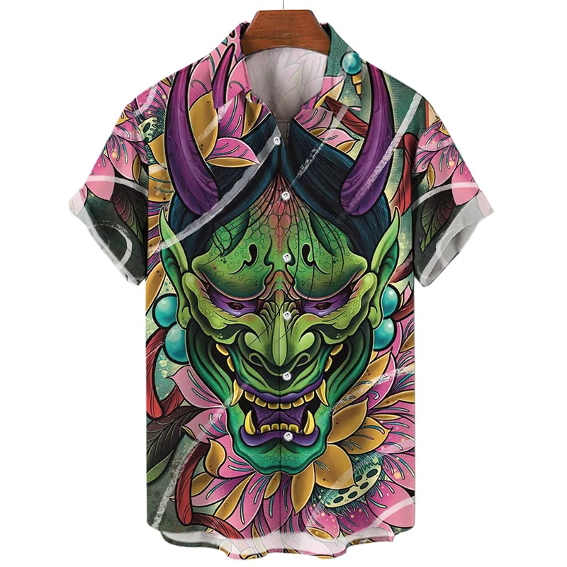 Camisa vintage japonesa con estampado 3D de samurái para hombre, camisa de manga corta de gran tamaño con solapa y botones, estilo callejero