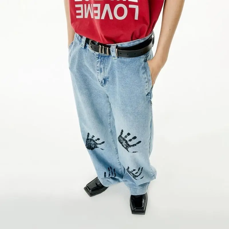 

Y2k Jeans Palm Print Hip Hop Letter Printed Black Pants Women 2023 New Fashion Casual Rock Wide Foot Baggy Trouser Streetwear