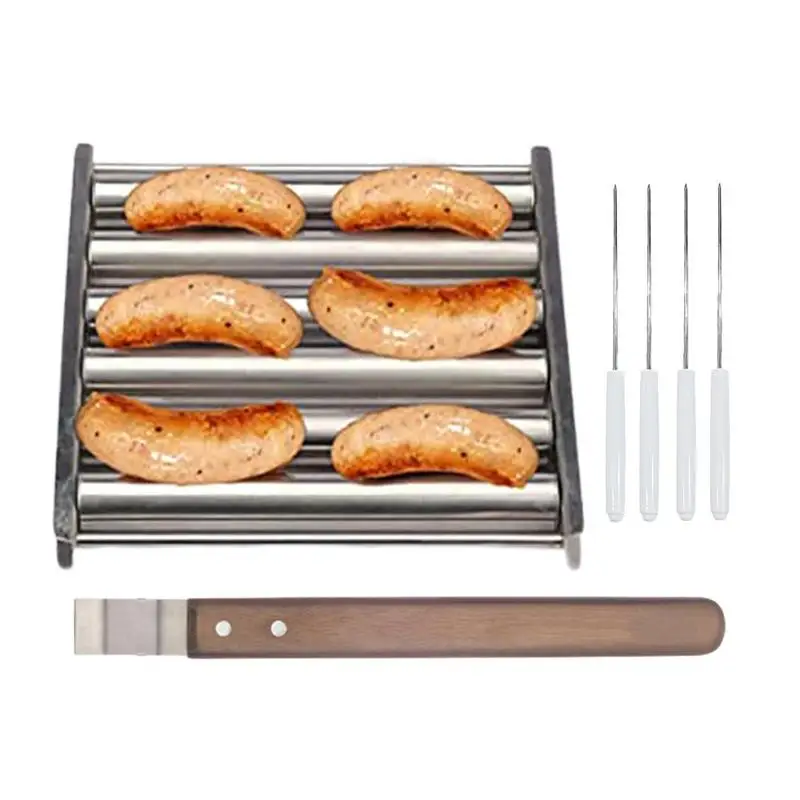 

Sausage Roller | Non-stick Hot Dog Roller Grill Accessories with Extra Long Wood Handle | Stainless Steel Sausage Roller Rack fo