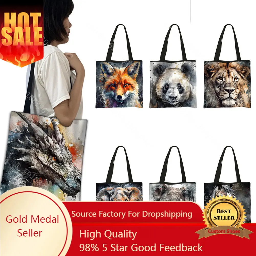 

Animal Watercolor Painting Tote Bag Owl/Wolf/Elephant/Horse Shopping Handbag Shoulder Large Capacity bag Shopper Bag