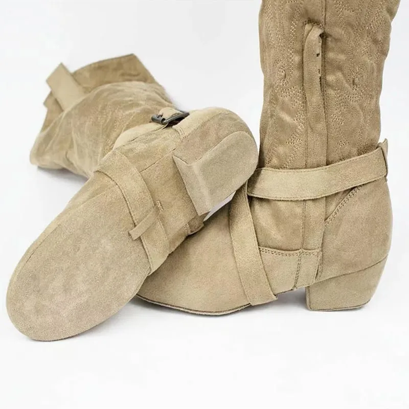 High Quality 3.5CM Heel Brown Color Women Embroidery Dance Boots Wear Indoor 4