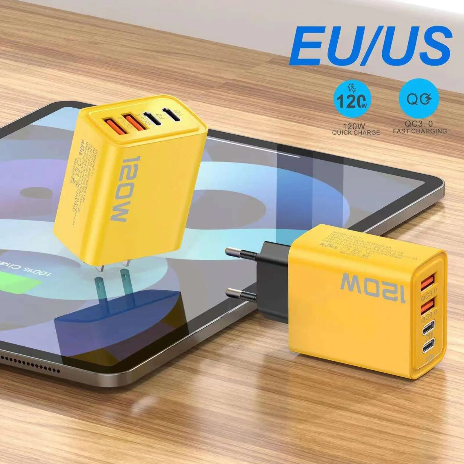 120W 3.0 USB Fast Phone Charger Type C Quick Charge Charging Adapter For Phone 15Pro Max Mate60 Pro 4-port EU/US Charger