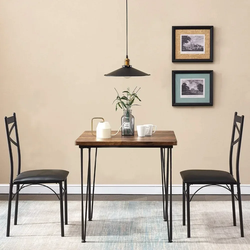 Modern Industrial Style 3-Piece Room Kitchen Pu Cushion Chair Sets for Small Space, Dining Table for 2, Retro Brown