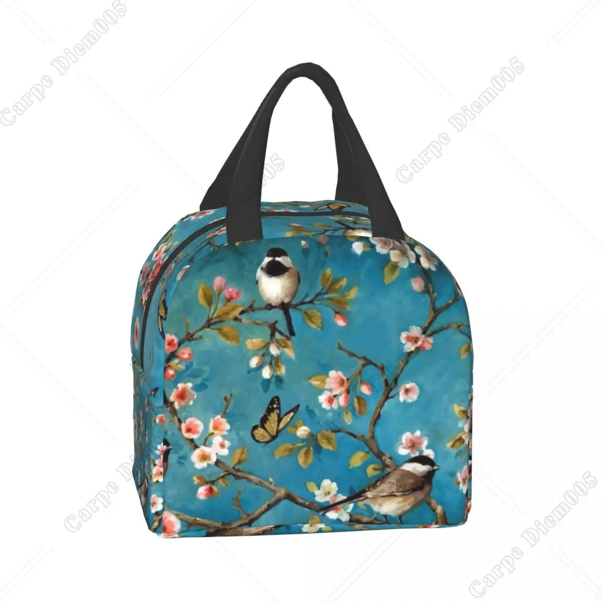 Cute Birds Cherry Blossom Insulated Lunch Bag Waterproof Parrot Bird Thermal Cooler Lunch Box for Women Office Work School