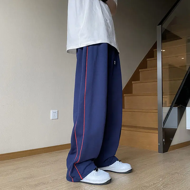 American Hip-hop Loose Sports Pants Men's Autumn Solid Patchwork Elastic Waist Drawstring Pocket Side Striped Straight Trouser