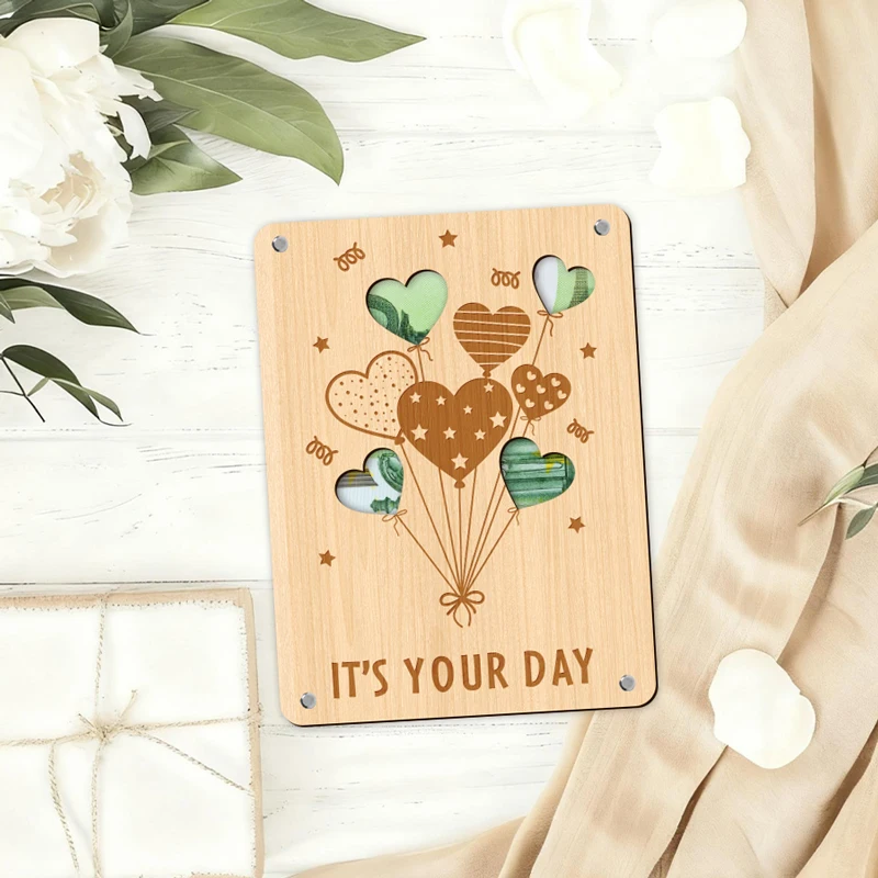 Elegant Wooden Heart Balloon Greeting Card - Perfect for Weddings, Birthdays, and Special Occasions