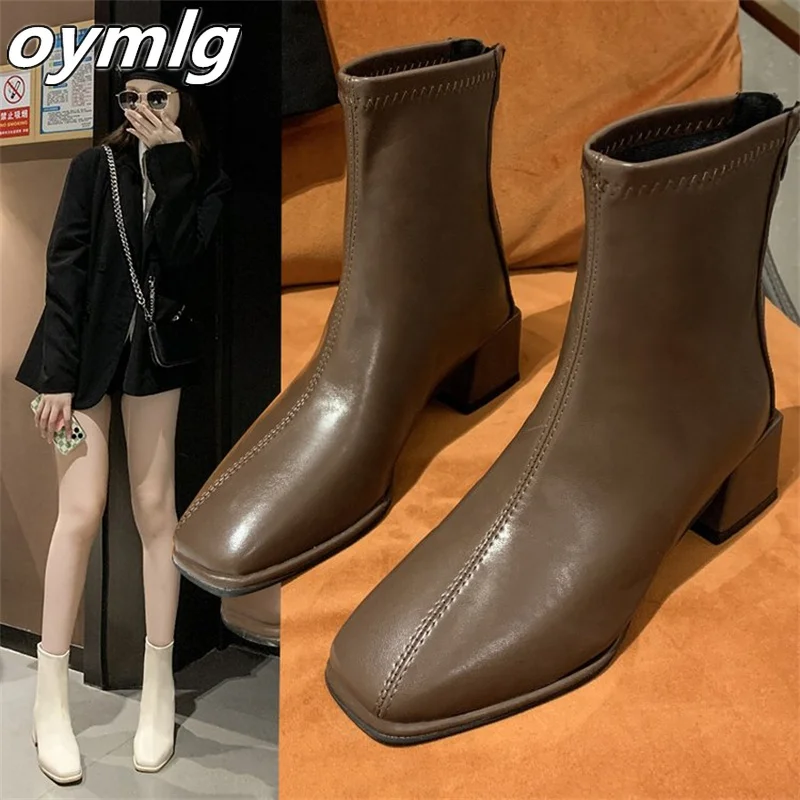 

Fashion boots women's leather short boots 2022 autumn winter new square toe thick heel boots women's single boots and nude boots