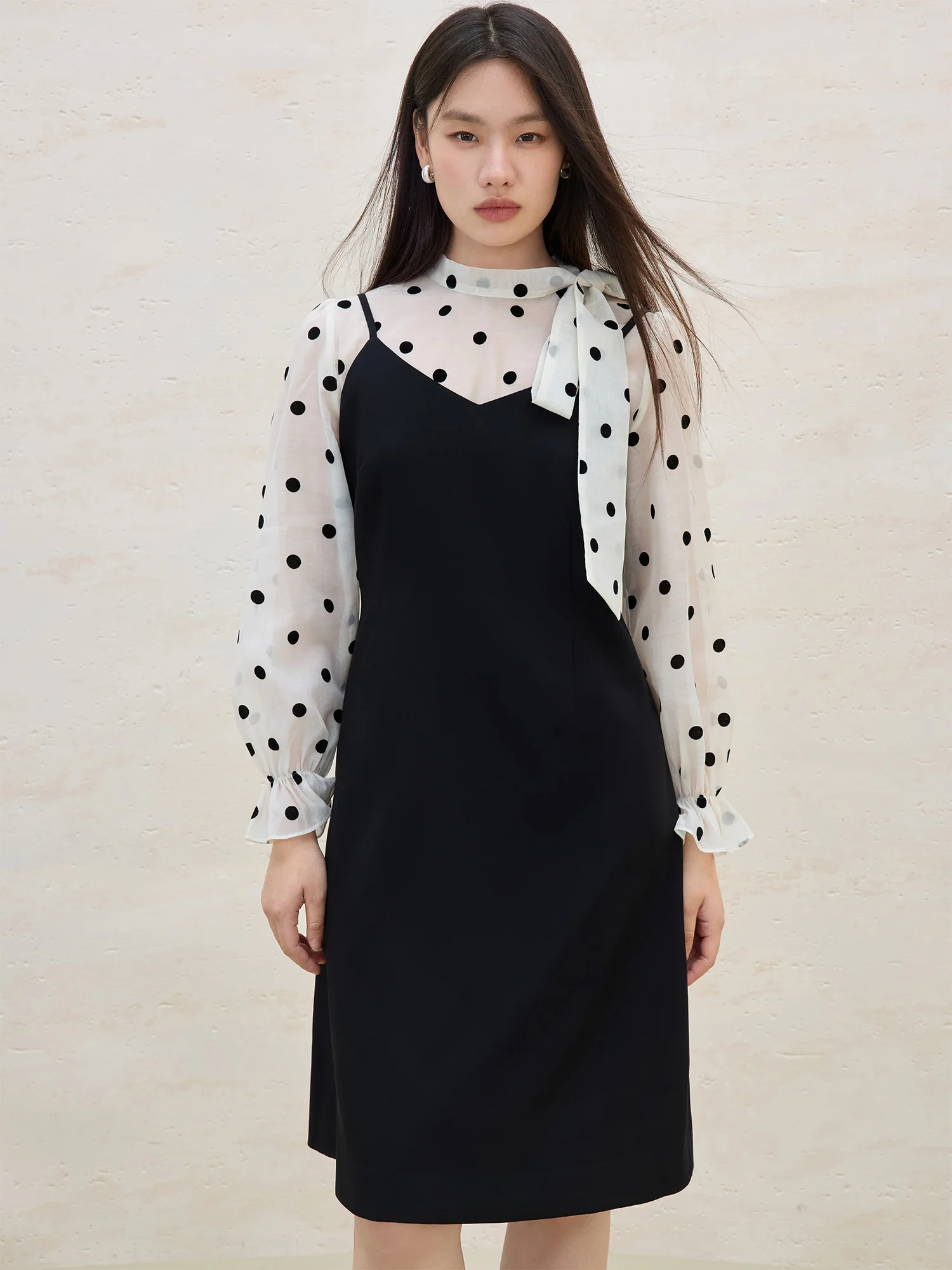 DUSHU Women Elegant Hepburn Style Polka Dot Chiffon Shirt+Strappy