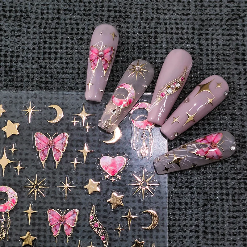 

1 Sheet 5D Realistic Gold Stamping Gilding Pink Butterfly Moon Star Nail Sticker Adheisve Nail Decals Manicure Charms New Design