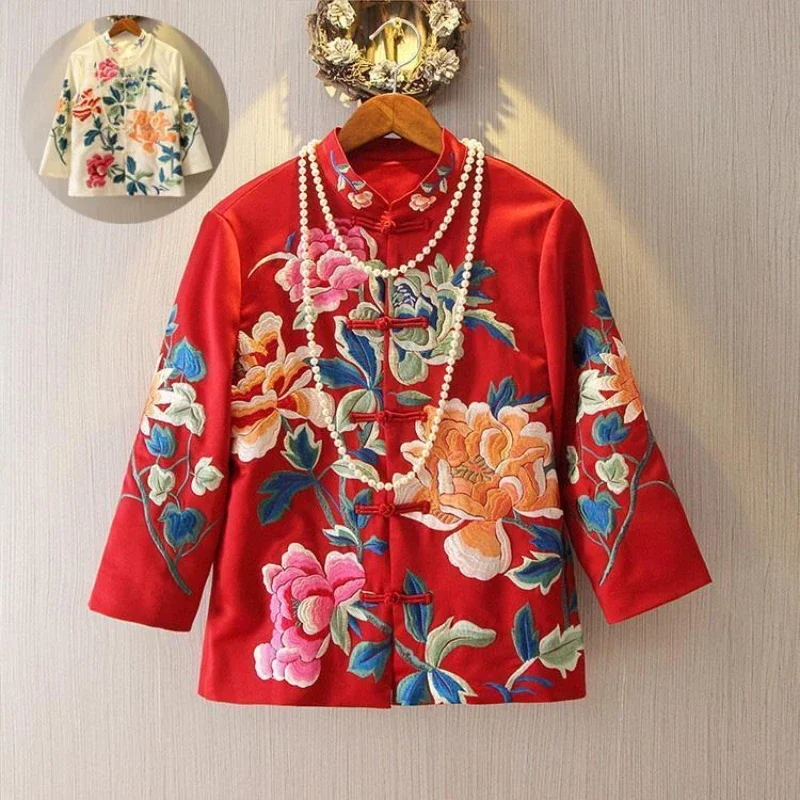 Chinese Style Tang Suit Jacket Spring and Summer National Style Embroidered Peony Short Cheongsam Blouse Female