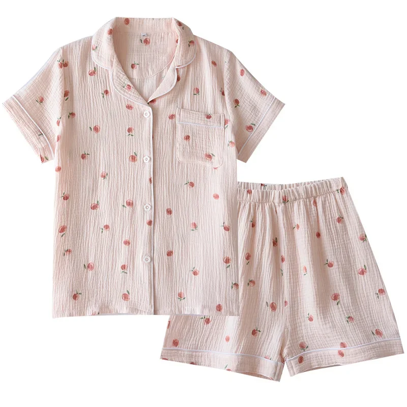 100% Cotton Summer Gauze Sleepwear for Women Short Sleeves Full Cotton Thin Style Pajamas Set Soft Lovely Crepe Fabric Nightwear