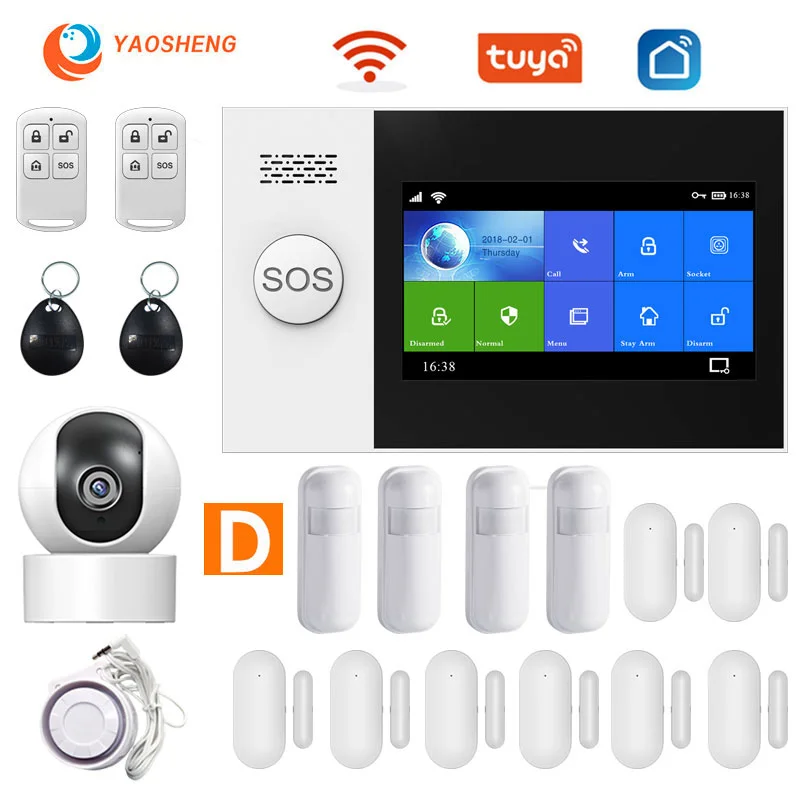 YS PG107 Tuya Security Alarm System Kit Smartlife App Control With Ip Camera Auto Dial Motion Detector WIFI Gsm Home Smart Alarm ring keypad red light Alarms & Sensors