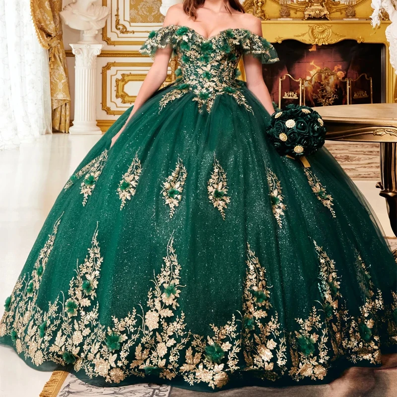 

Изумрудно-зеленое блестящее бальное платье, платье для Quinceanera с открытыми плечами, приталенное платье со шлейфом, 15-xv лет
