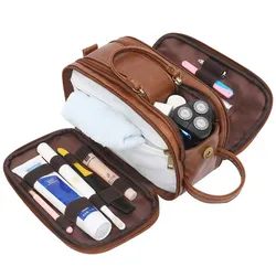 Men's Large Water - Resistant Toiletry and Shaving Organizer in PU Leather (Brown)