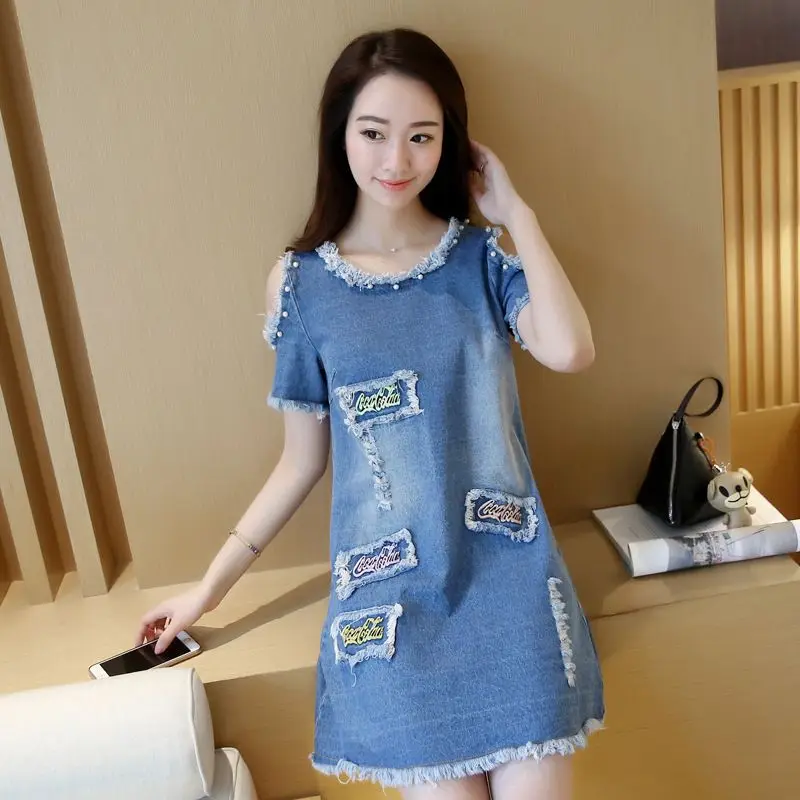 

Blue Denim Dress Woman Summer New Plus Size Loose O-Neck Embroidered Flares Patch Designs Off Shoulder Raw-Edge Dresses Vestido