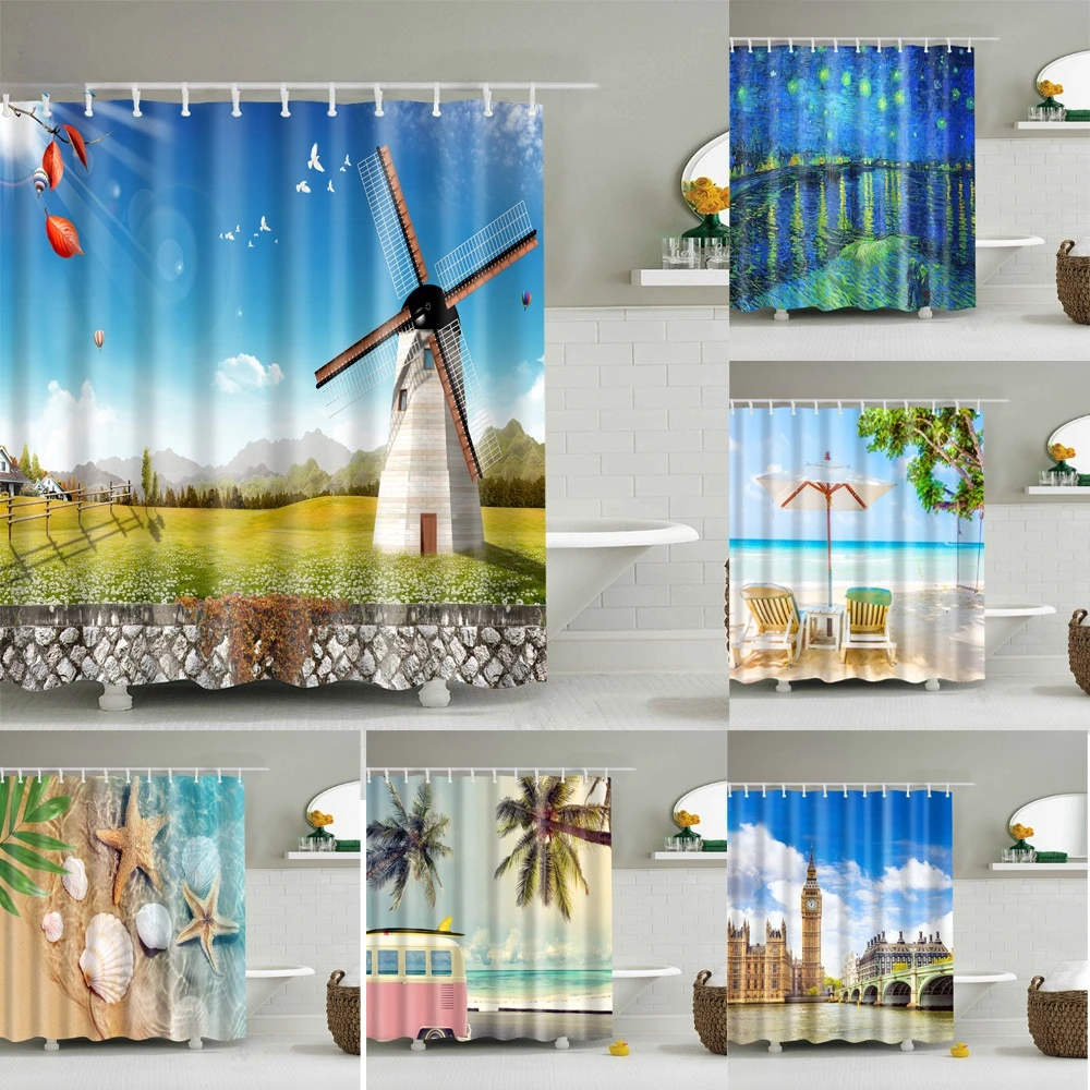 

Windmill Seaside Scenery Shell Beach Scenic Bathroom Shower Curtain Waterproof Polyester Bathroom Curtain Cortinas De Dormitorio