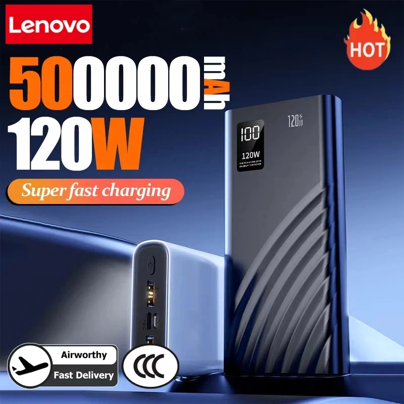 Batterie externe Lenovo 50000mAh 120W à charge ultra rapide, ultra-capacité, avec écran numérique LED pour iPhone Samsung