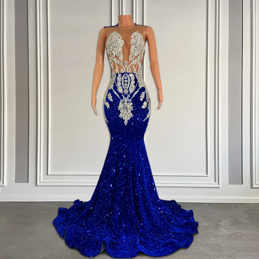 

Sparkly Royal Blue Sequin Prom Dress Long for Black Girls Luxury Silver Crystal Beaded Mermaid Birthday Party Gala Gowns 2024