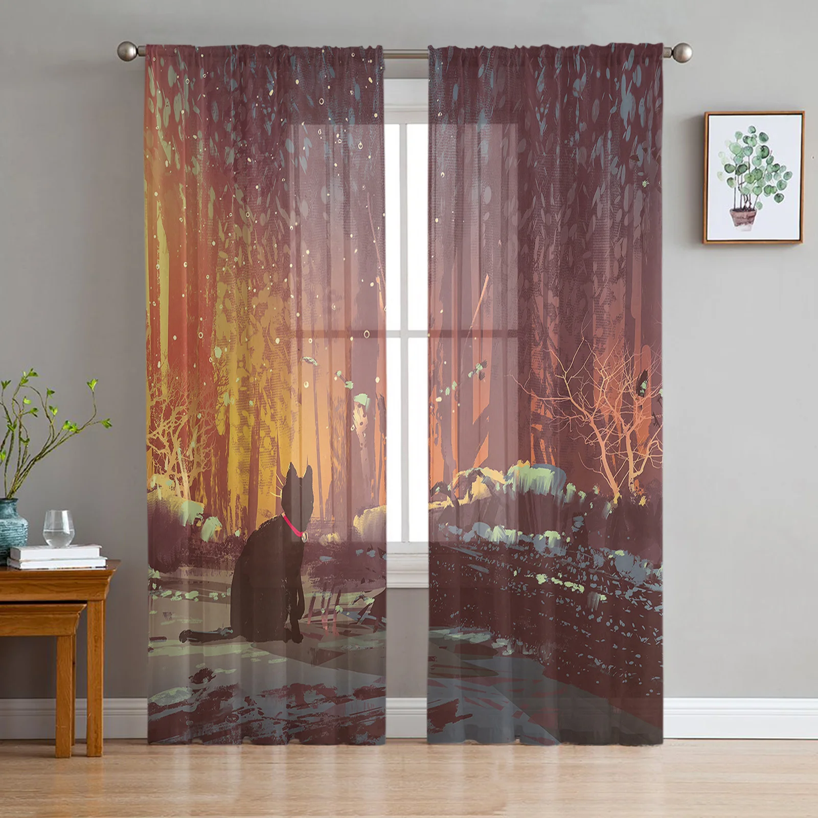 

Forest Animal Cat Modern Tulle Curtains for Living Room Bedroom Home Kitchen Window Sheer Curtains