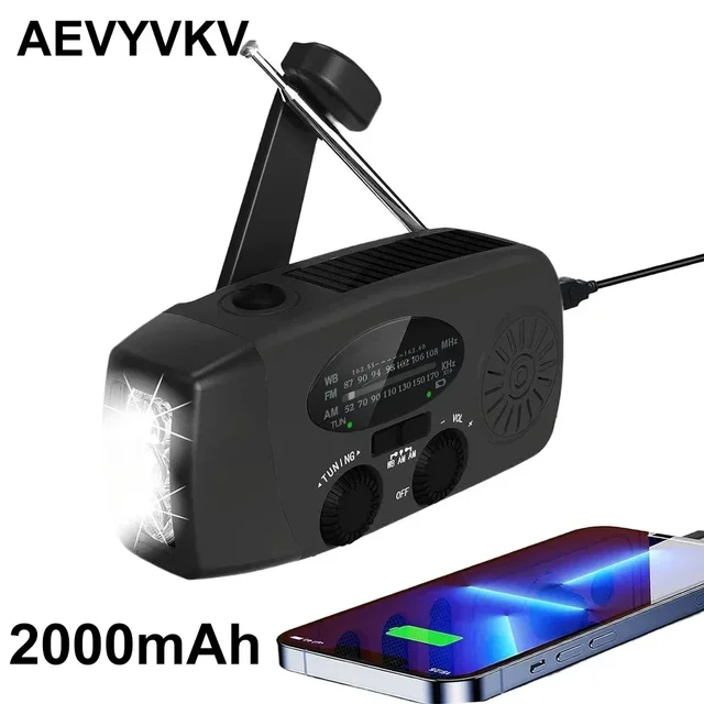 Emergency Radio Hand Crank Solar USB (FM/ AM/ NOAA) WB Weather Radios with Flashlight Power Bank Black Radios Portatil Am Fm