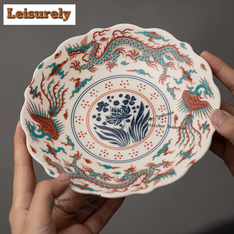 Ru Kiln Doucai Fruit Dishes Vintage Pastry Plate Dessert Candy Dish Household Sharing Plate Chinese Tea Set Supplies Ornaments