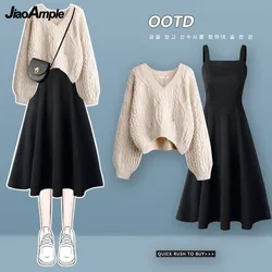 Women's Autumn Winter Suit 2023 New Loose Hole Sweater Dress Two Piece Korean Elegant V-Neck Knit Pullover Strap Skirt Set