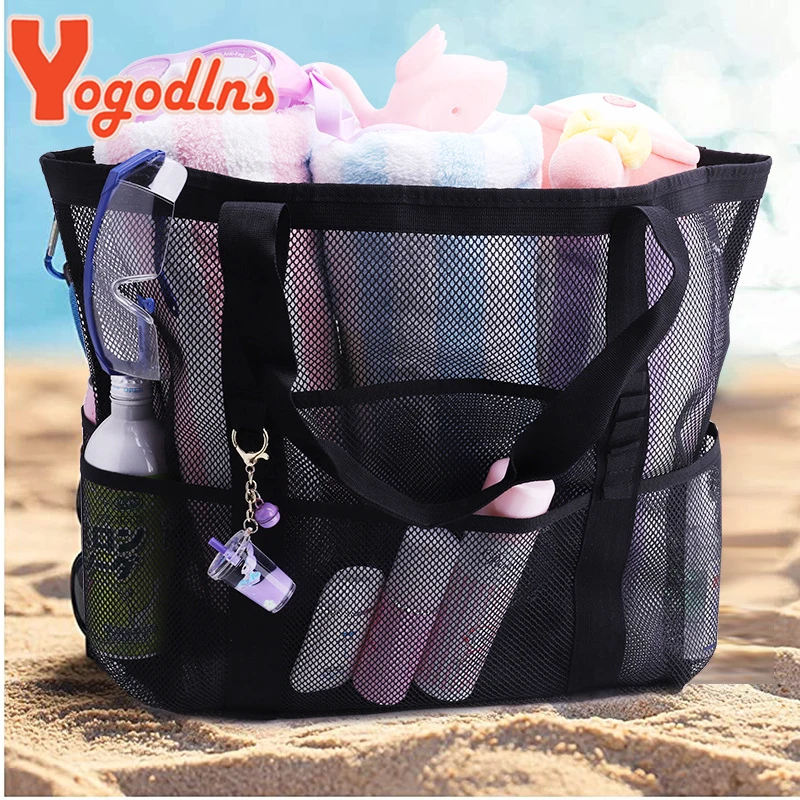 Summer Black Mesh Tote Bag For Women Woven Hollow Beach Bag Travel Portable Storage Handbag Shopper Tote Sport Gym Bags