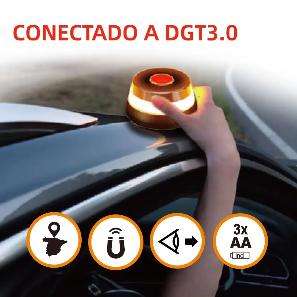 V16 emergency beacon connected with dgt 3.0 geolocation approved emergency light connected and authorized by dgt v16 signal