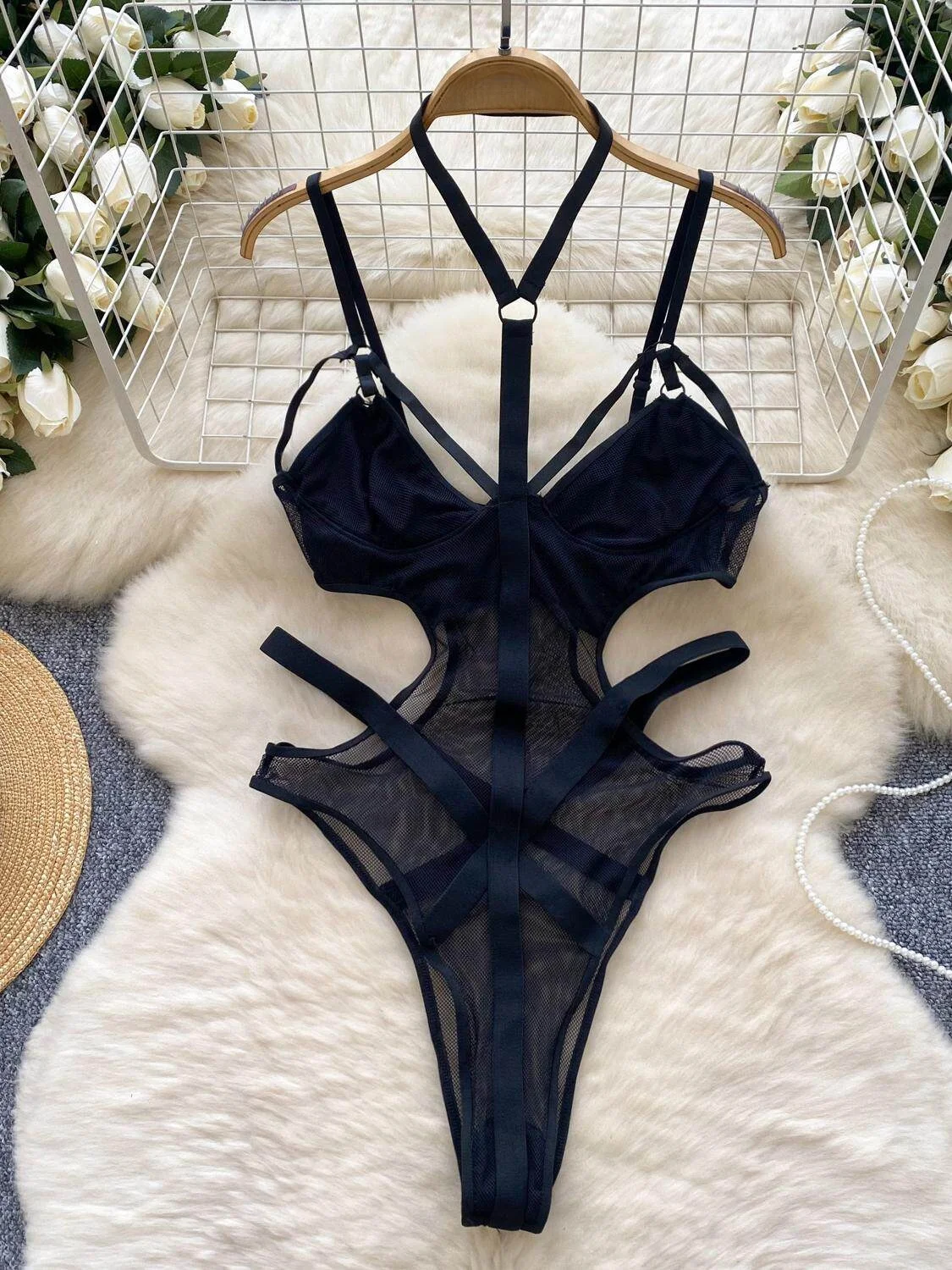 cut out mesh bodysuit front view on hanger
