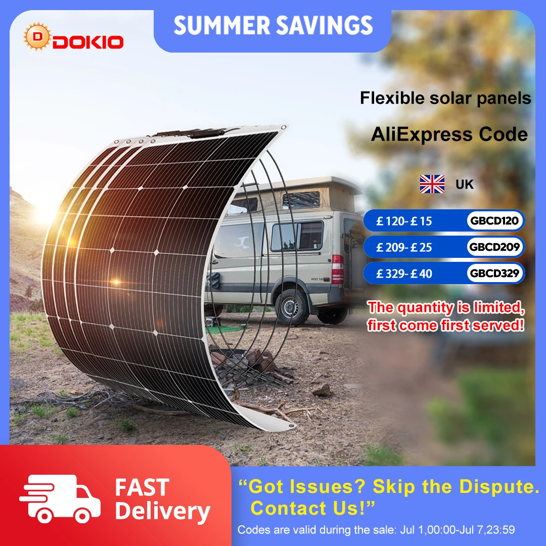 DOKIO Monocrystalline Flexible Solar Panel 100W-400W 18V - for Camping & RV, Charges 12V Batteries