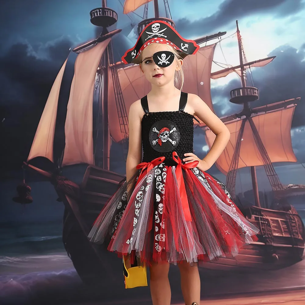 

Cosplay Pirate Costume for Kids Skirt Girl Halloween Costumes Children Mesh Tutu Dress Pumpkin Tote Pirate Hat Blinkers Eye-Pat