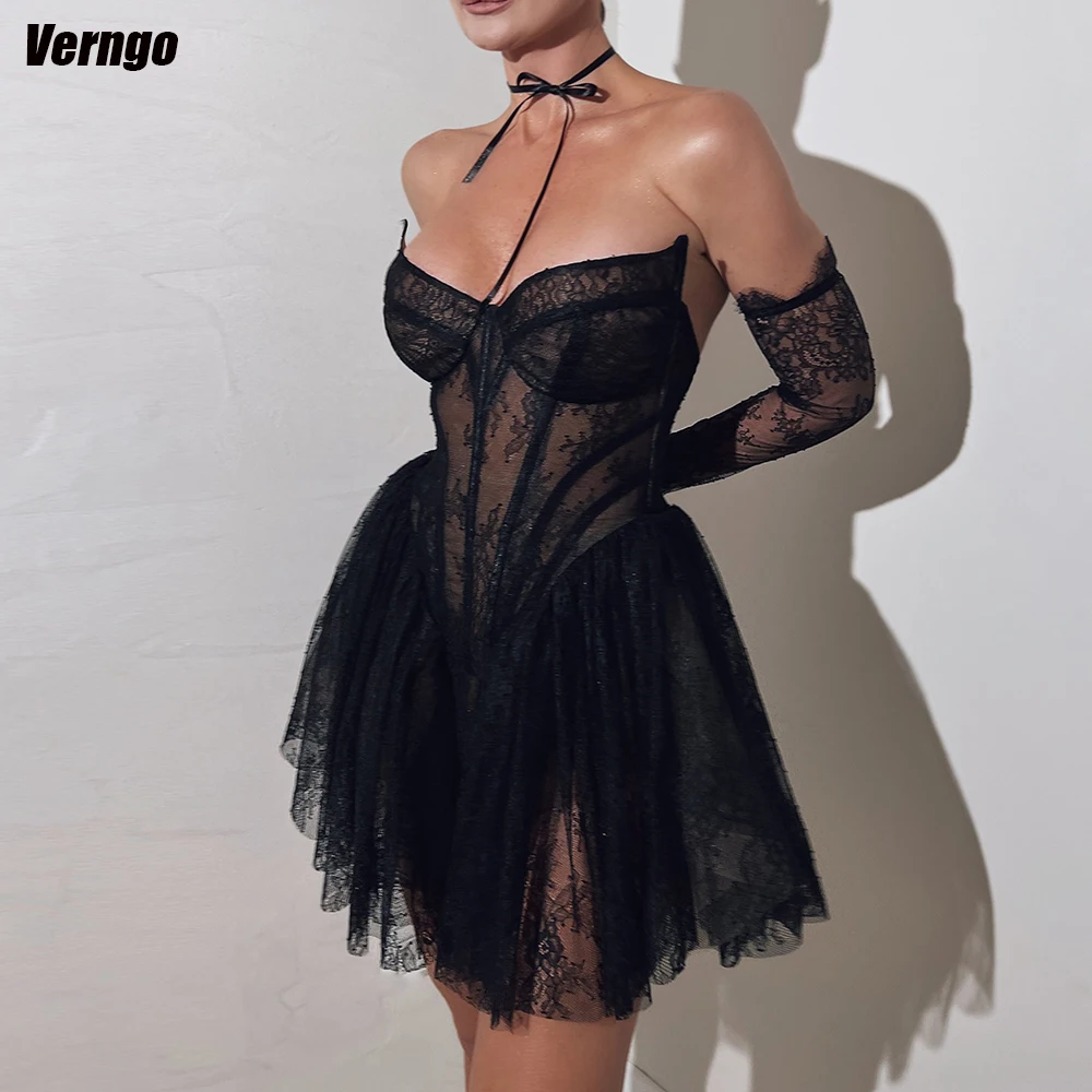 

Verngo Sexy Short Prom Dress Black Lace Sweetheart Sleeveless Cocktail Dresses A-line Girl Special Club Occasion Dress