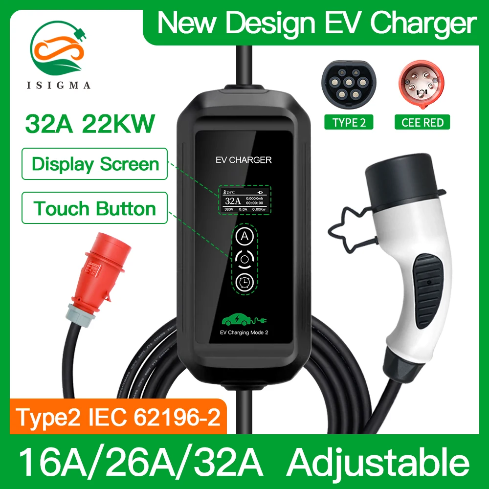 

Isigma 32A 3phase 22kw Type2 EV Charger 16A 11KW IEC 621962 Car Charge Input 110V-450V Home Charging 5m Long With CEE Red Plug
