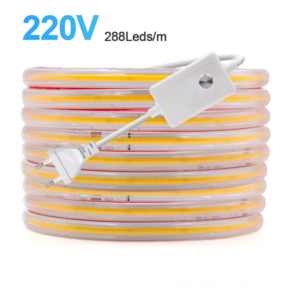 

EU 220V COB LED Strip Light Strong Adhesive with Switch Power Plug 288LEDs RA90 High Bright LED Tape Waterproof Ribbon Dimmable