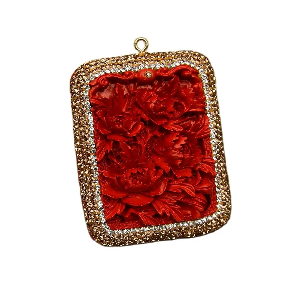 

APDGG 2 Pcs Big Natural Red Cinnabar Gems Flower CZ Crystal Paved Pendant Charm Jewelry Making DIY Rich and noble flowers bloom