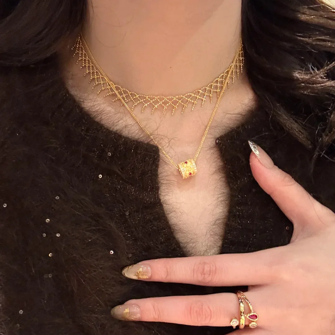 Collana Lunga Donna Con Ciondolo Ad Anelli E Cristallo CZ - Oro E Argento, Catena 44+5 Cm, Ipoallergenica, Regalo
