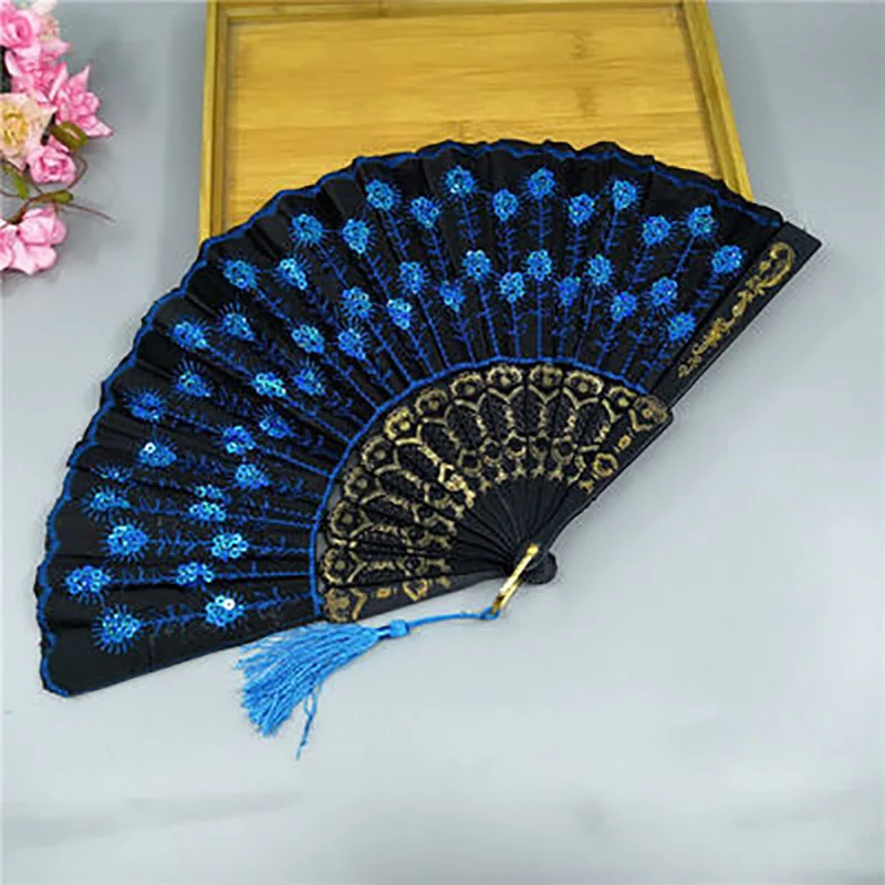 Ancient Folding Plastic Bone Hand Fan for Women, Sequins Decor, Portable Dance Fan, Photo Props, Wedding Party Accessories