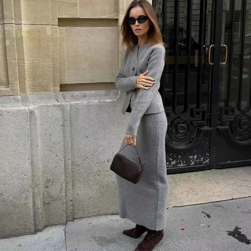 

2023 Female Skirts Sets Fashion V-Neck Knitted Jacket Coat +Gray High Waist Midi Skirt Two Piece Set For Women